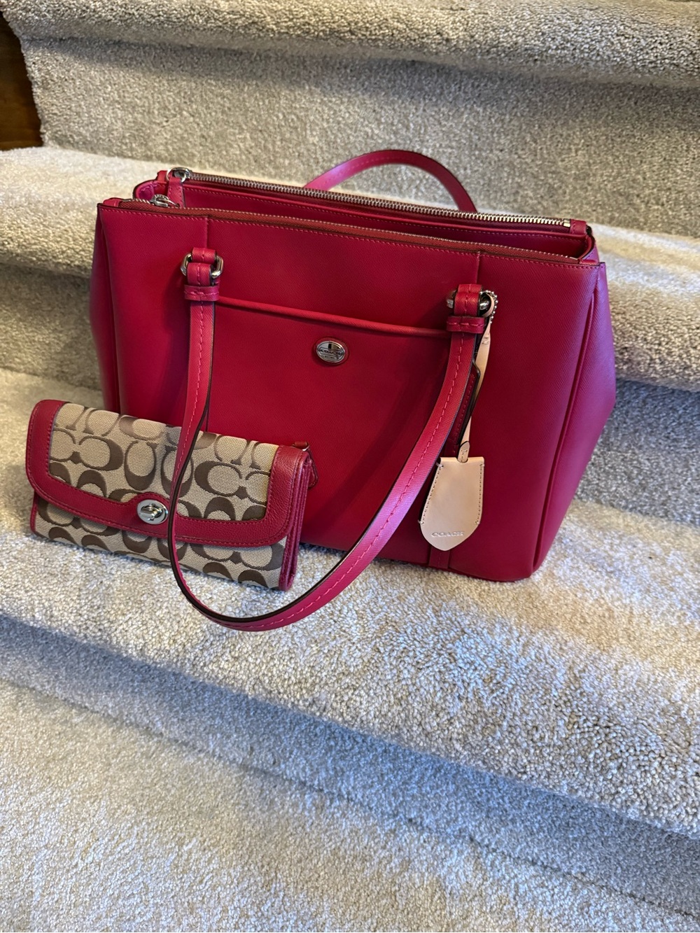Coach Leather Classic Handbag with Signature Canvas Wallet